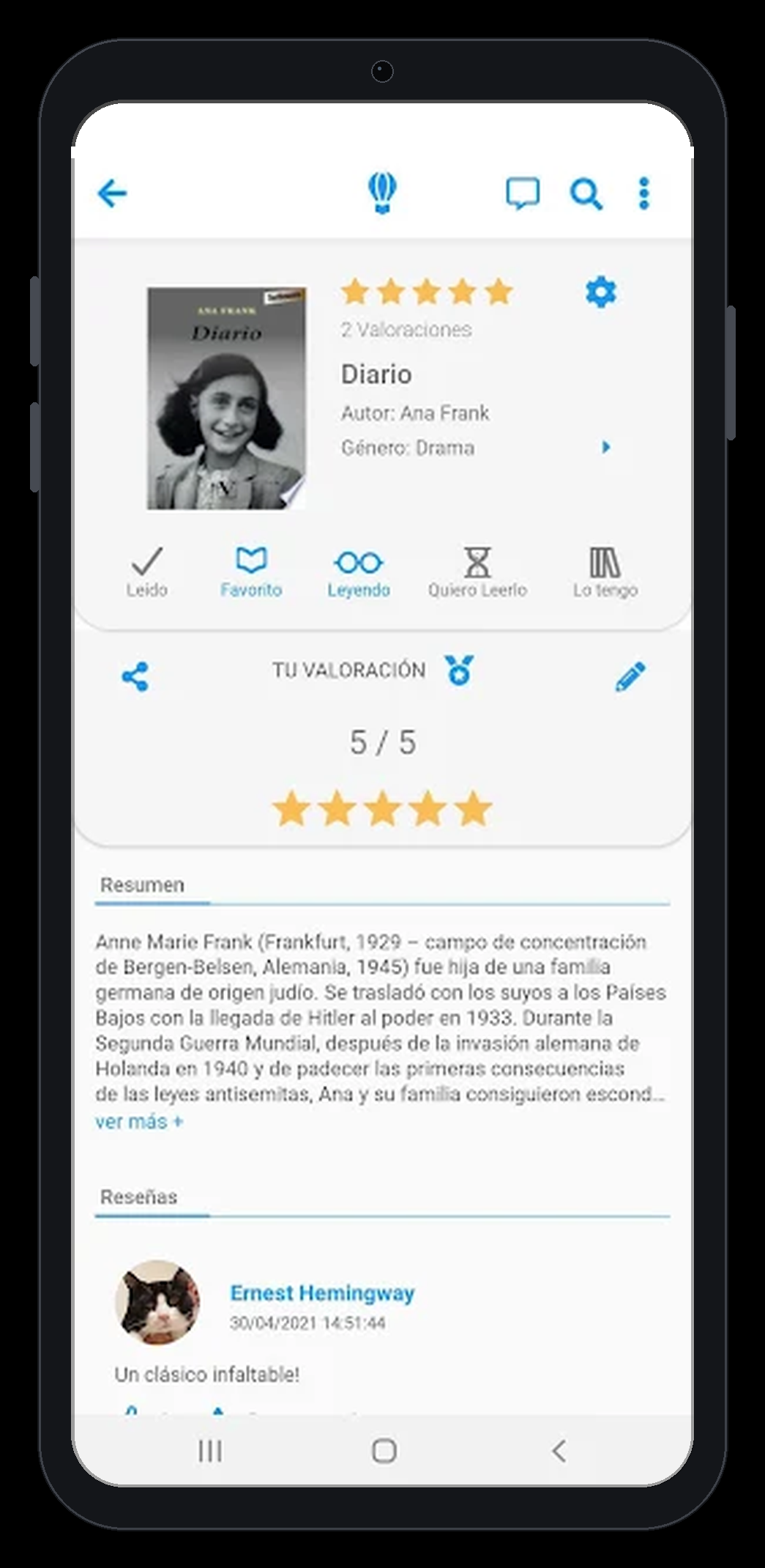 Captura de pantalla: diario de la comunidad con reseñas